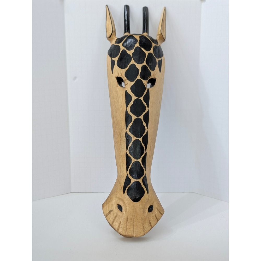 Hand Carved Wooden Giraffe Mask African Style Wall‎ Hanging Home Decor Black Tan